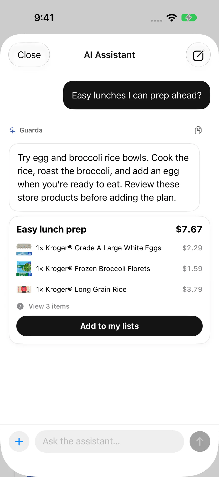 Asking the AI assistant for easy lunches to prep ahead, and getting a priced list