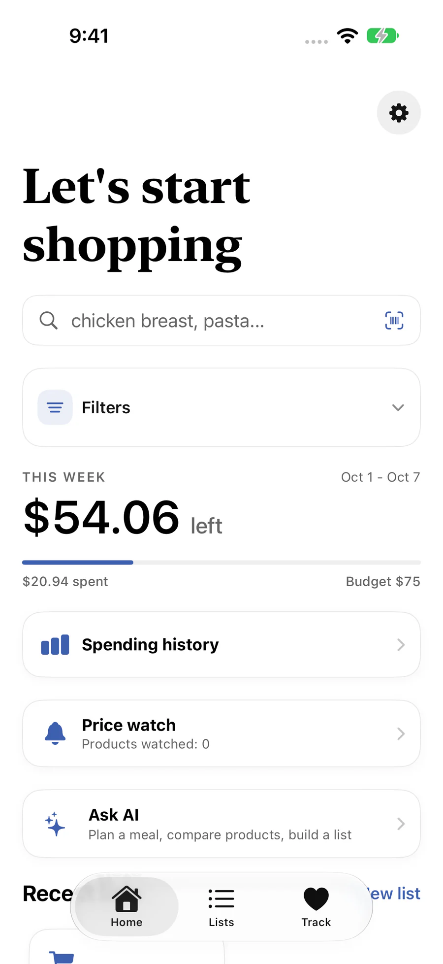 Home screen showing $54.06 left of a $75 weekly budget