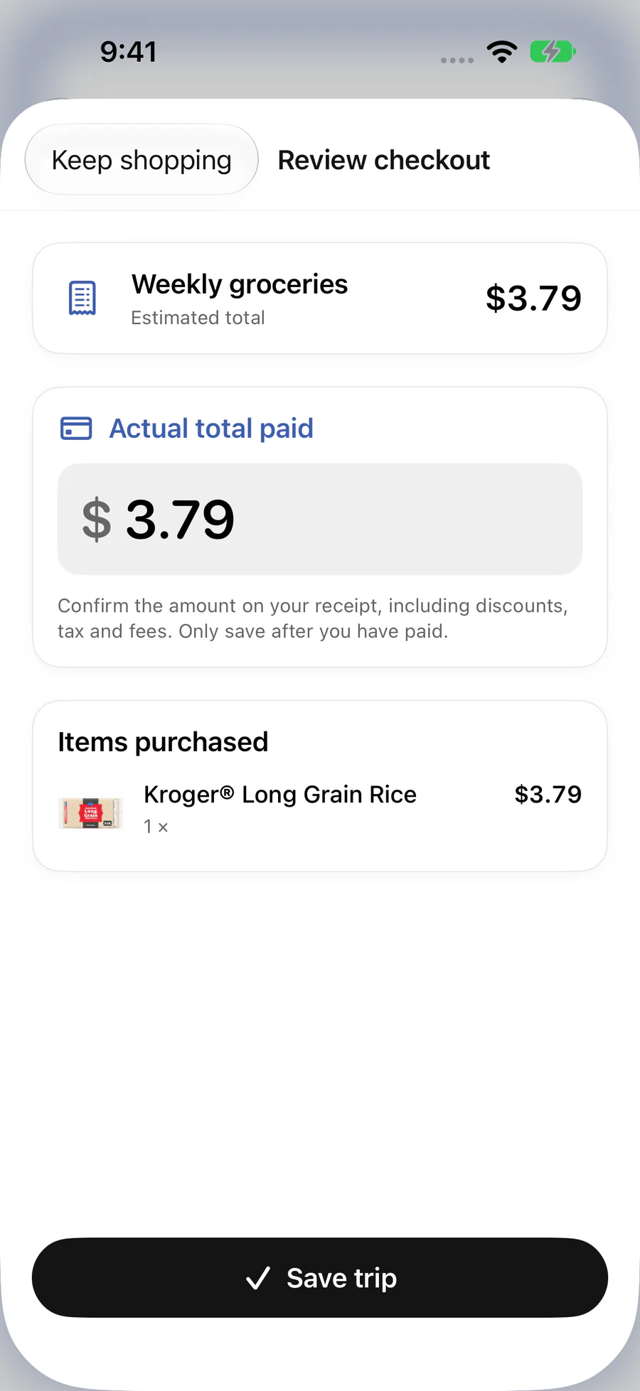 Checkout review where you enter the actual total paid before saving the trip