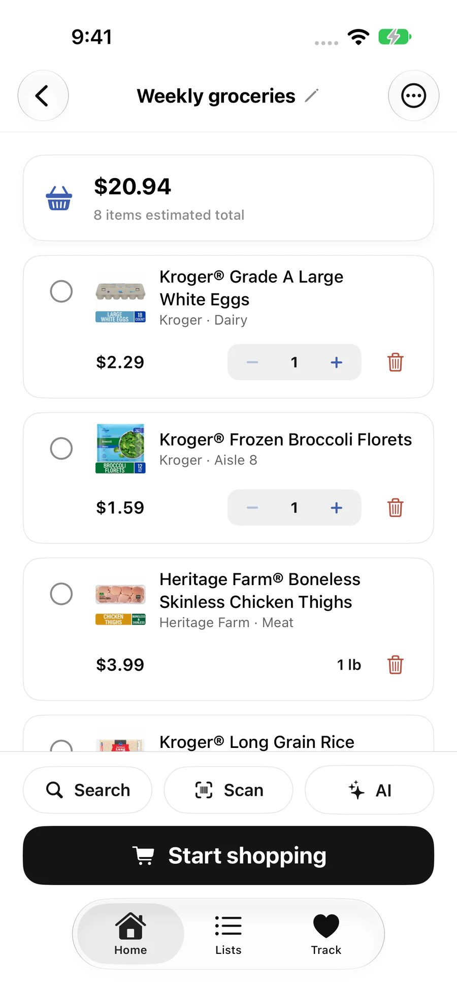 A weekly groceries list with quantities, aisles and a $20.94 estimated total