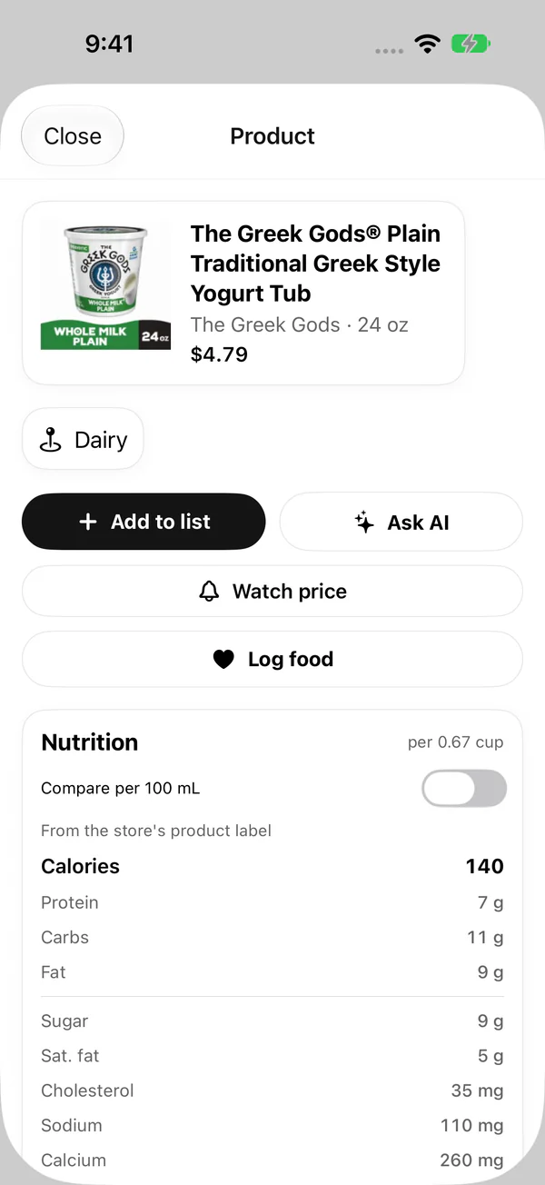 Product details with nutrition facts, price watch and Log food