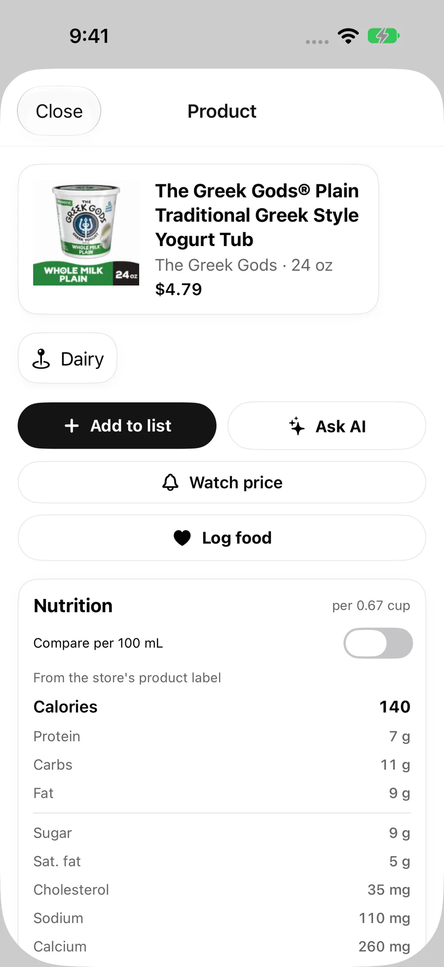 Product page for Greek yogurt with nutrition facts and Add to list, Ask AI, Watch price and Log food buttons