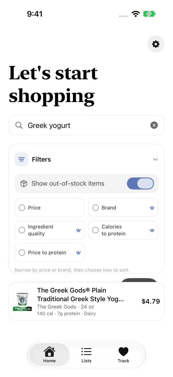 Searching for Greek yogurt with price, brand and protein filters