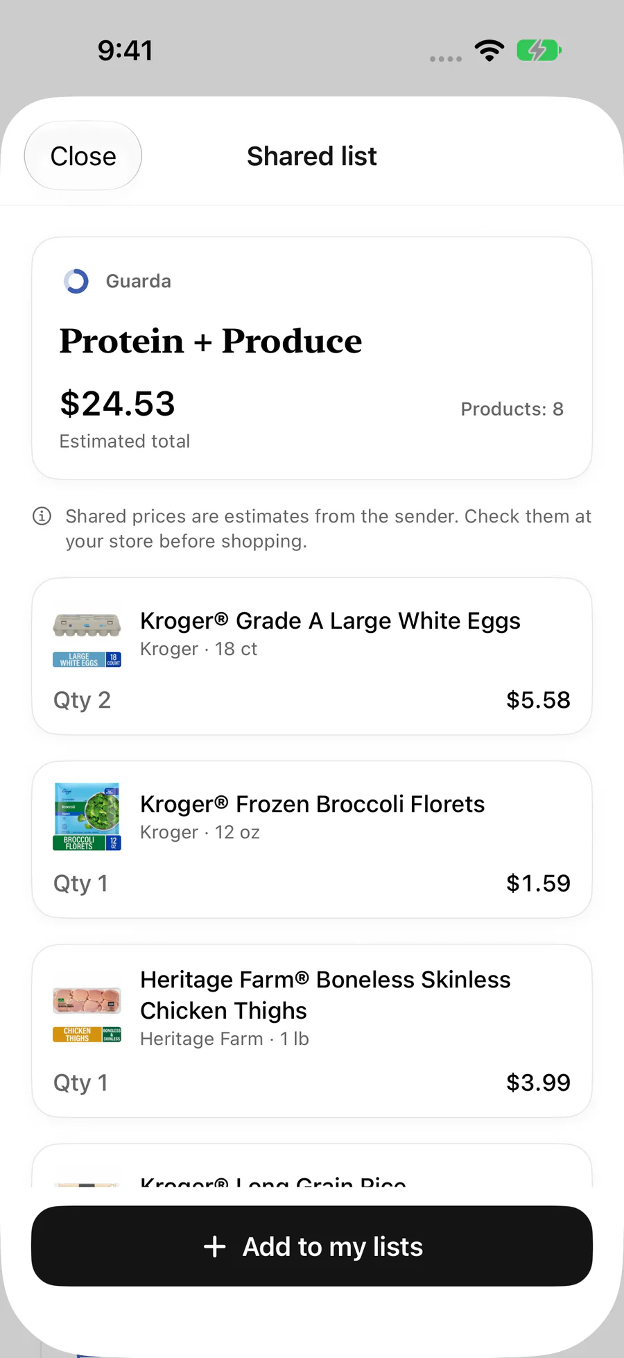 A shared Protein + Produce list with eight products and an Add to my lists button