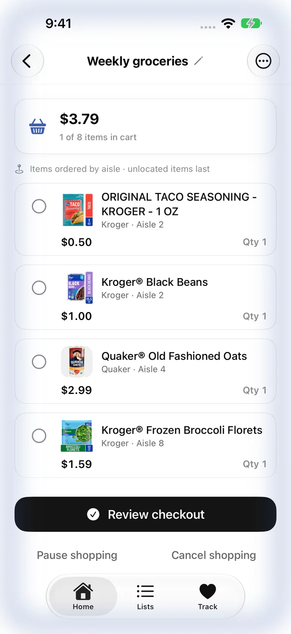 Shopping mode with items ordered by aisle