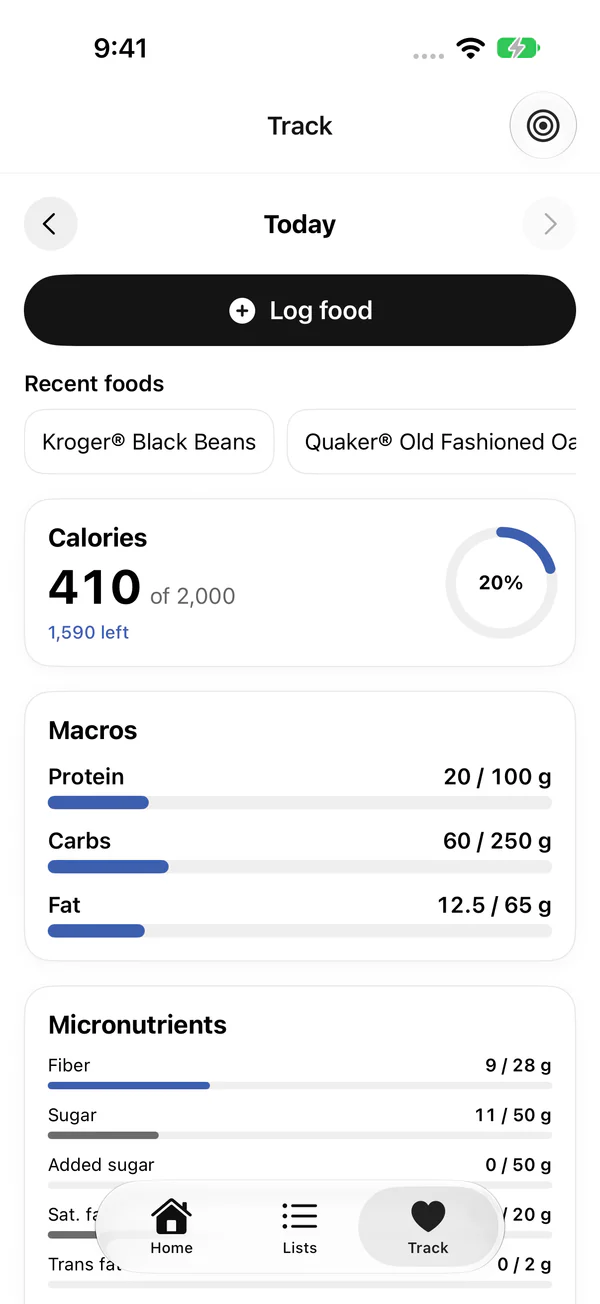 Track tab showing calories, macros and micronutrients for today