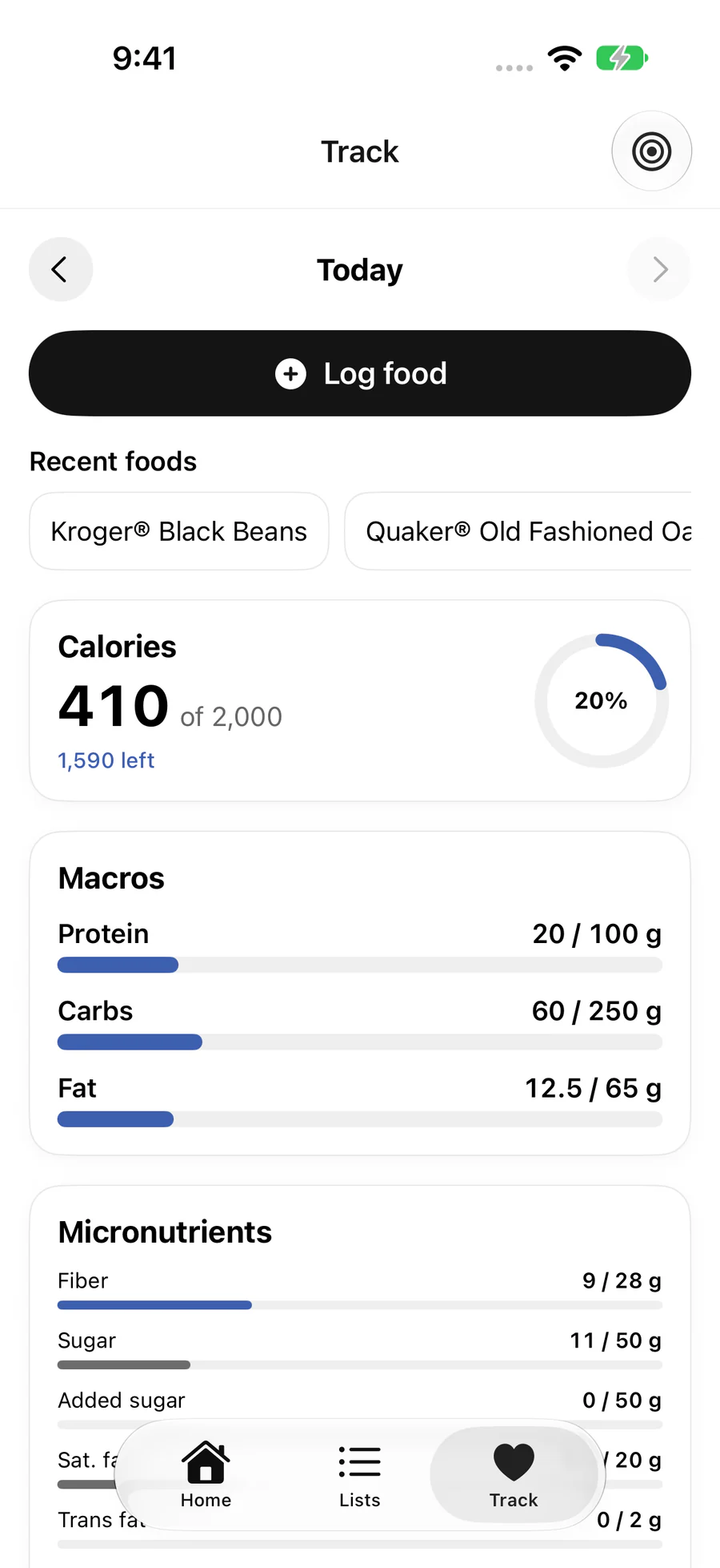 Track tab with 410 of 2,000 calories, protein, carbs, fat and micronutrient progress bars
